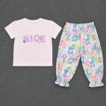 Kids Pink Tee & Floral Pants Set-01431 - Image 2