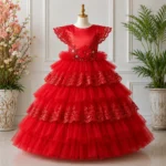 Red Layered Embroidered Party Dress-6862