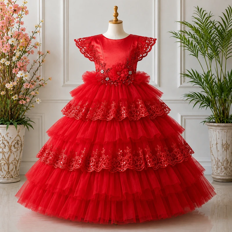 Red Layered Embroidered Party Dress front Red Layered Embroidered Party Dress-6862 - Image 1