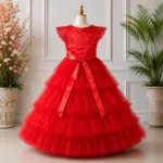 Red Layered Embroidered Party Dress-6862 - Image 2