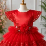 Red Layered Embroidered Party Dress-6862 - Image 3
