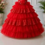 Red Layered Embroidered Party Dress-6862 - Image 4