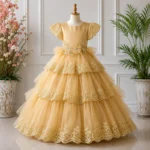 Golden Layered Embroidered Party Dress-6862