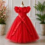 Red Party dress with Bow Sleeves-AC218 - Image 2