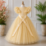 Golden Party dress with Bow Sleeves-AC218 - Image 2