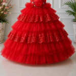 Red Layered Embroidered Party Dress-6862 - Image 4