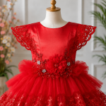 Red Layered Embroidered Party Dress-6862 - Image 2