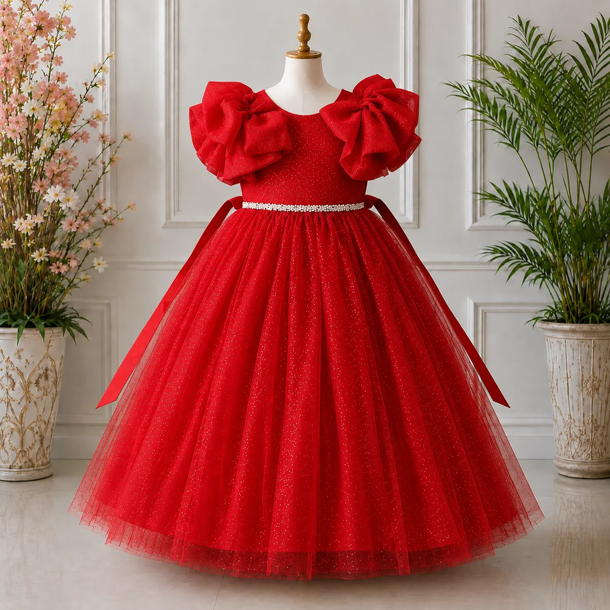 font_5 Red Party dress with Bow Sleeves-AC218 - Image 1