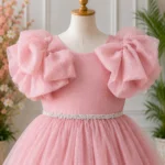 Pink Party dress with Bow Sleeves-AC218 - Image 3