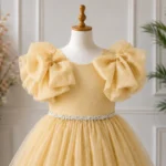 Golden Party dress with Bow Sleeves-AC218 - Image 3