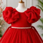 Red Party dress with Bow Sleeves-AC218 - Image 3